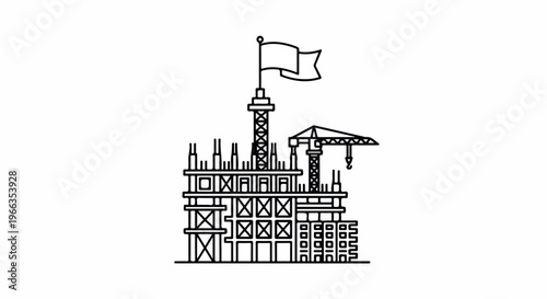 Line drawing of a building under construction with a flag on top against a white background.