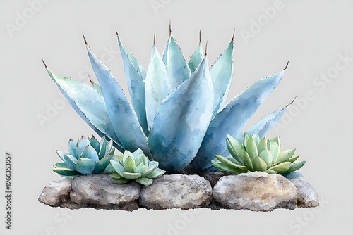 Beautiful Watercolor Painting of Succulent Plant Arrangement with Detailed Leaves and Stones