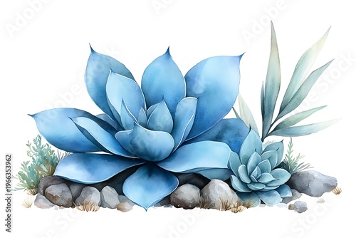 Blue Succulent Plants Arrangement with Stones and Greenery in Watercolor Style Artwork