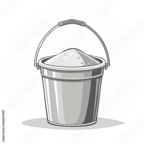 Silver metallic bucket filled with white substance, full bucket, carrying pail, cleaning container, domestic life, illustration, vector