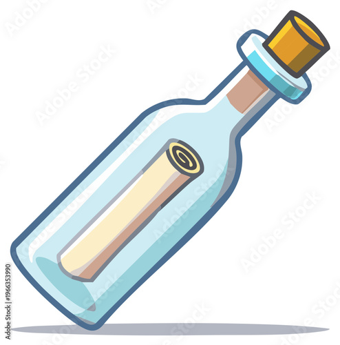 Glass bottle with cork and rolled message inside floating on water