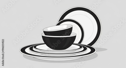 Elegant Dinnerware Set with Plates and Bowls Illustration.