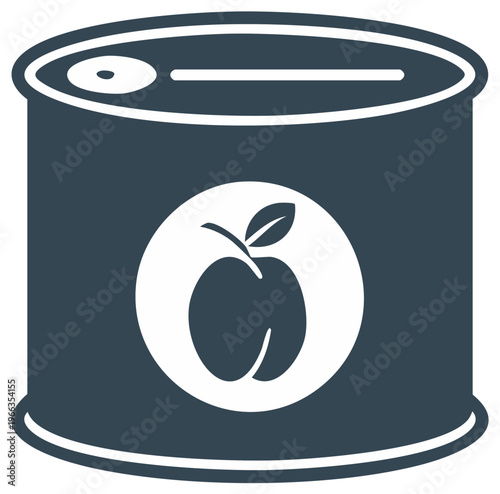 Iconic illustration of a dark blue-gray tin can with a white apple label design for food packaging