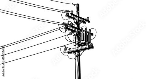 Detailed Line Art Illustration of a Utility Pole with Wires.