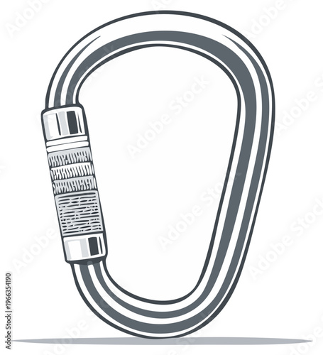Illustration of a Silver Metal Carabiner for Climbing Gear and Safety Equipment with Screw Lock Mechanism