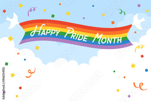 vector background with vibrant rainbow flag banner and confetti in the sky for LGBTQ Pride Month