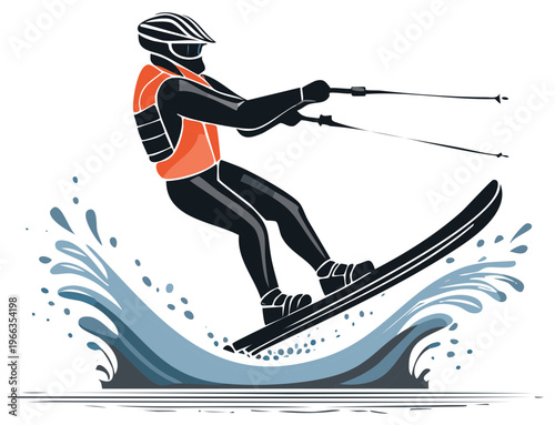 Waterskier with orange life vest and helmet rides a wave on a single ski with spray