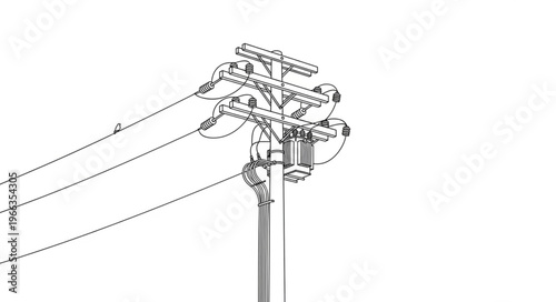 Detailed Line Art of a Utility Pole with Power Lines.