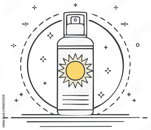 Sunscreen bottle with sun symbol and decorative sparkles representing protection and summer