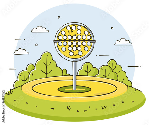 A cute illustration showing a math game with colorful balls on a sunny day in a park.