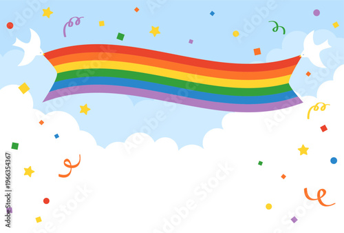 vector background with vibrant rainbow flag banner and confetti in the sky for LGBTQ Pride Month