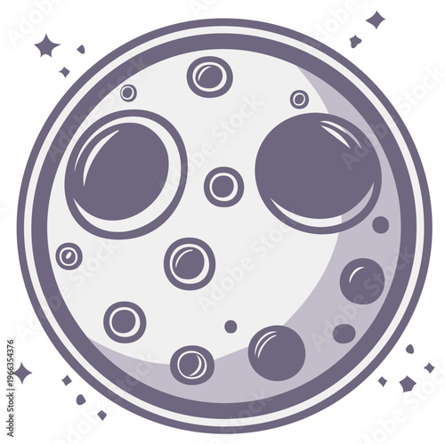 Cartoon illustration of the moon with craters and stars.