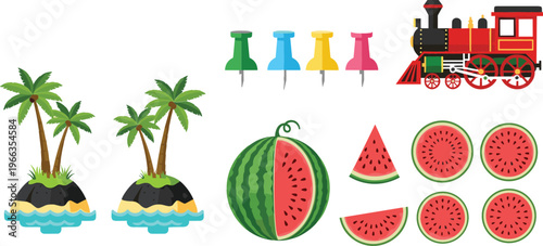 Vector illustration set featuring tropical palm islands, colorful push pins, vintage steam train locomotive, and fresh watermelon slices collection