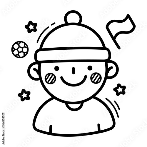 Happy soccer fan with painted cheeks and a flag