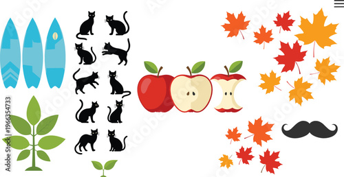 Vector illustration set with cat silhouettes, red apples and sliced apple fruit, autumn maple leaves, surfboards, plants, and mustache icon