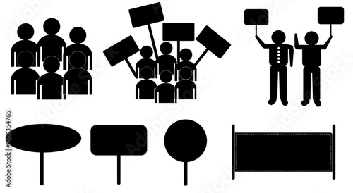 Oil Crisis Protest and Picketing Vector Icon Set Featuring Demonstrators Holding Blank Placards and Protest Sign Boards