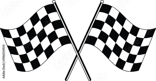 Flat line art vector of crossed checkered race flags featuring classic black and white squares simple modern illustration