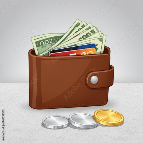 A brown wallet filled with cash and coins on a flat surface