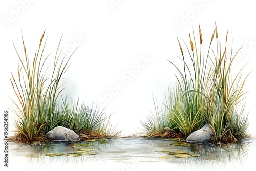 Serene Landscape with Tall Grasses and Stones Near Calm Water Surface in Natural Environment