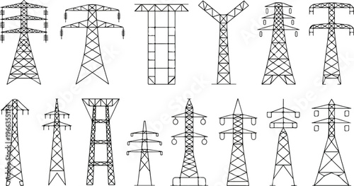 Flat vector set of 15 power and electricity towers showing crossbeams, diagonal supports, and structural details clean modern line art design