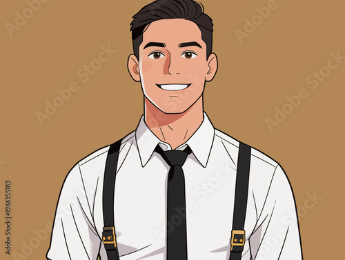 Young man in a white shirt with black suspenders and tie standing against a brown background with a friendly expression on his face