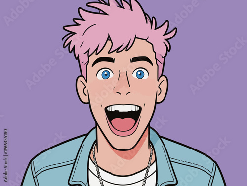 Young man with pink hair smiles widely against a purple background in a casual outfit while showing excitement and joy