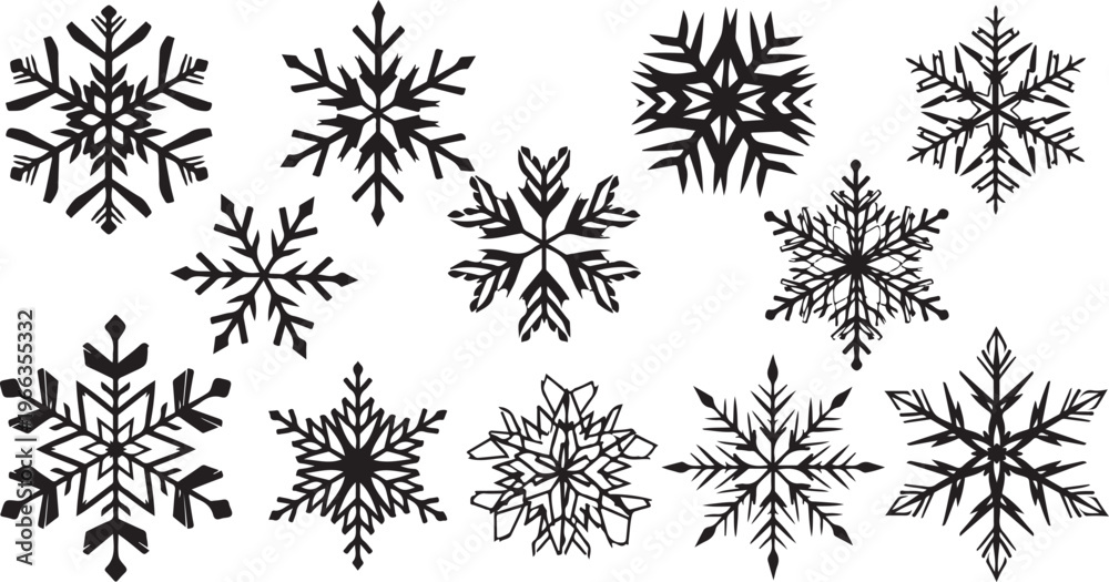 Fototapeta premium Black Snowflakes on White Background Winter Illustration Set