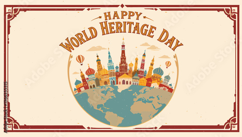 Celebrate World Heritage Day with a vibrant illustration of iconic global landmarks adorning the planet, symbolizing cultural preservation and global unity