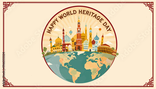 Happy World Heritage Day celebration with colorful monuments and globe illustration