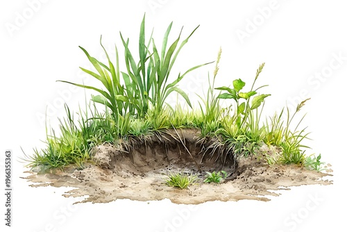 Lush Green Grass and Plants Surround a Natural Earth Soil Hollow in a Watercolor Style
