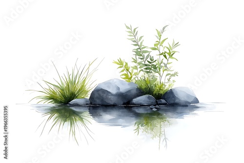 Tranquil Watercolor Landscape Featuring Stones and Lush Greenery in Calm Reflection