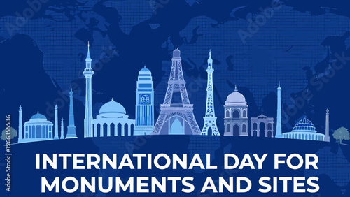 Global Heritage Celebration Featuring Iconic World Landmarks Silhouettes Against a Blue Map Background, Emphasizing Architectural Diversity and Historical Significance