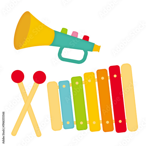 おもちゃのラッパと木琴のイラスト/Illustrations of a toy trumpet and xylophone
