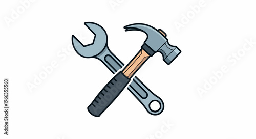 Illustration of a crossed wrench and hammer on a white background with gray and orange tones.