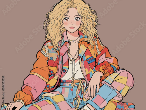 Stylish young person in colorful outfit sits with relaxed pose against a simple background in a creative setting