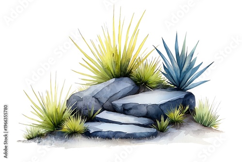 Detailed Illustration of Rocks and Succulent Plants in a Minimalist Style for Nature Lovers