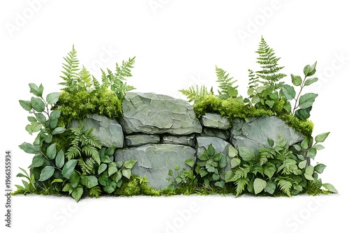 Greenery and Natural Stone Wall with Ferns and Leaves in Calm Garden Environment