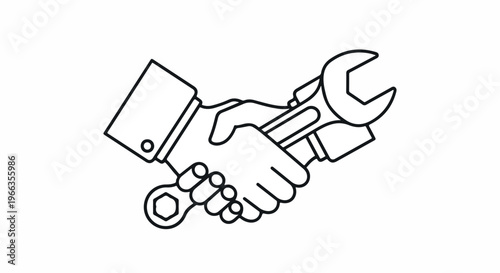 Line drawing of two hands shaking and holding a wrench and socket on a white background.