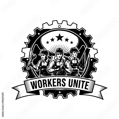 Empowering Vintage Workers Unite Logo with Industrial Elements Representing Labor Solidarity.svg