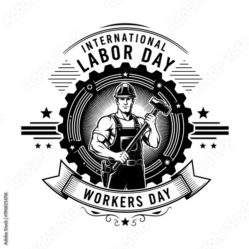 Proud Vintage Illustration Emblem Celebrating International Labor Day Workers Day Featuring Strong Construction Worker Holding Hammer.svg
