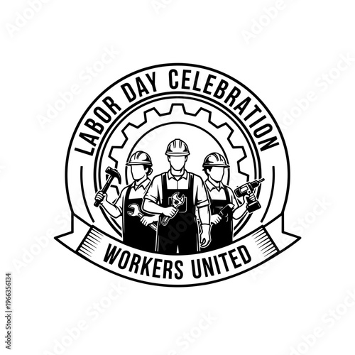 Strong and United Labor Day celebration illustration featuring construction workers with tools in a retro-style circular emblem design.svg