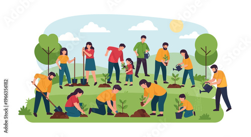 Diverse Group of People and Volunteers Planting Trees Together for Earth Day, Environmental Sustainability and Reforestation Concept Vector Illustration