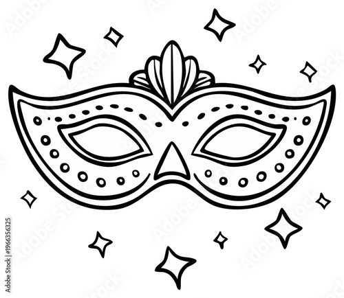 Hand drawn festive masquerade mask with sparkling star accents black ink illustration
