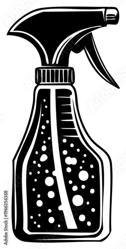 Black and white illustration of a spray bottle filled with bubbles and liquid