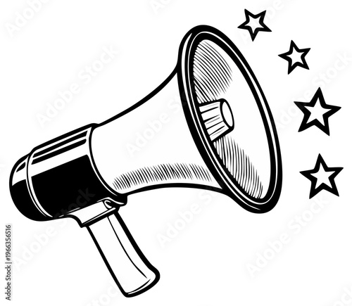 Retro megaphone illustration with stars for loud announcement and important message communication
