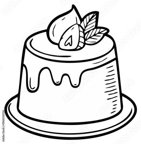 Outline of a Panna Cotta Dessert with Strawberry and Mint Garnish