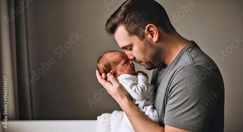 Loving Father Gently Kissing Sleeping Newborn Baby With Pure Tenderness
