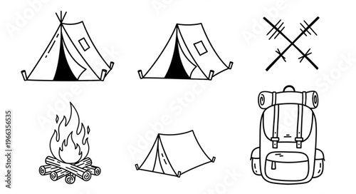 Camping Essentials Doodle - Tents, Campfire, Backpack, and Crossed Sticks.
