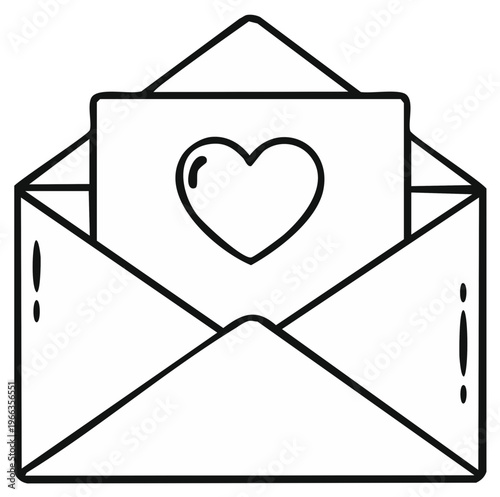 Monochrome line art illustration of an open envelope with a romantic love letter and heart symbol