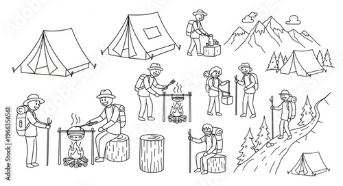 Camping Scene Illustration - Tents, Campers, and Outdoor Activities.